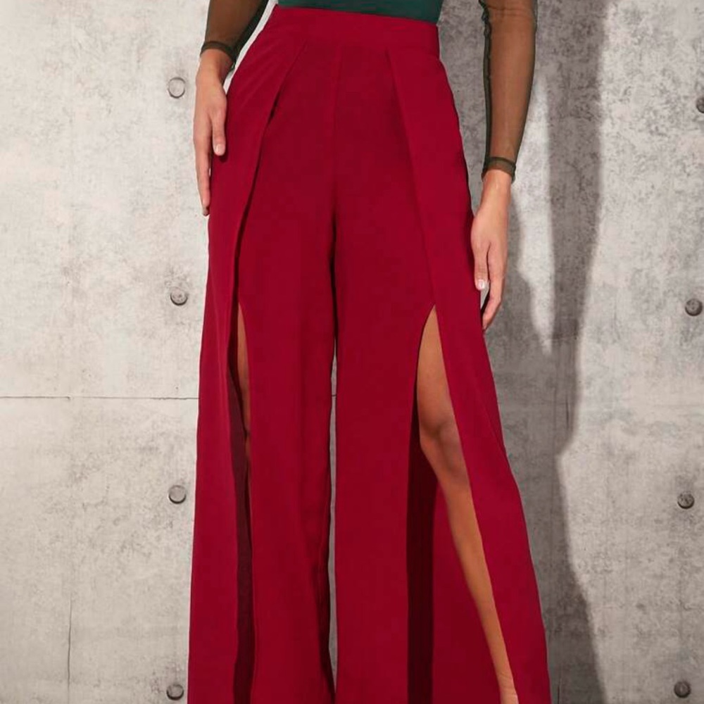 L’academie red wide leg slit satin pants